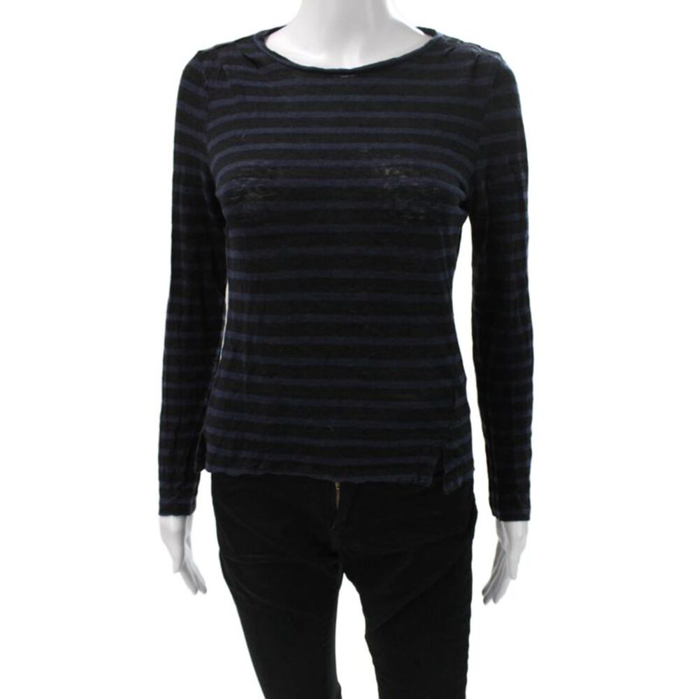 Frame Shirt Womens Black Linen Striped Long Sleeve T-Shirt Size S